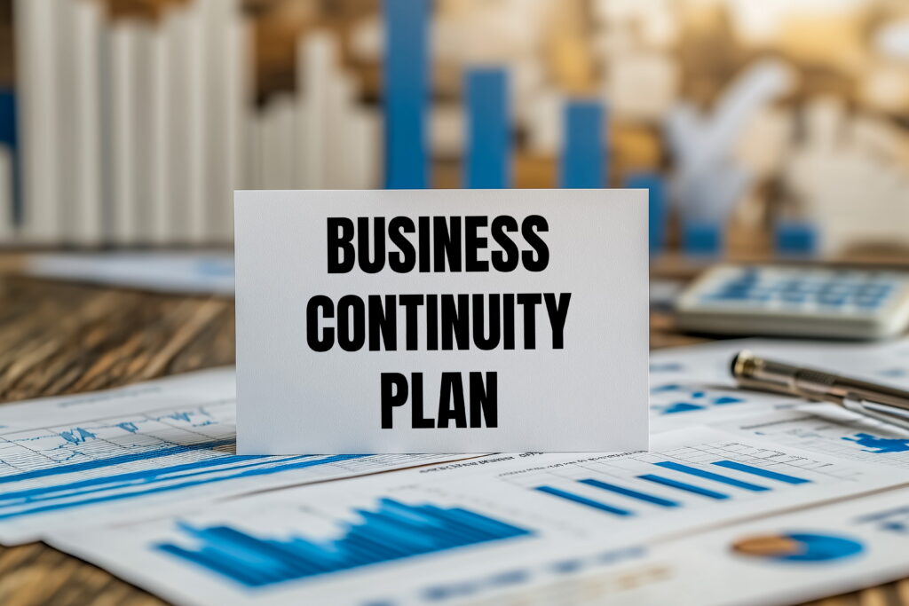 Business continuity plan card propped on a desk with financial charts and documents