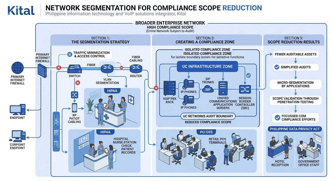 Flowchart showing how network segmentation reduces PCI DSS, HIPAA, and Philippine data privacy compliance scope, with a UC infrastructure zone carved out from the broader enterprise network and labele