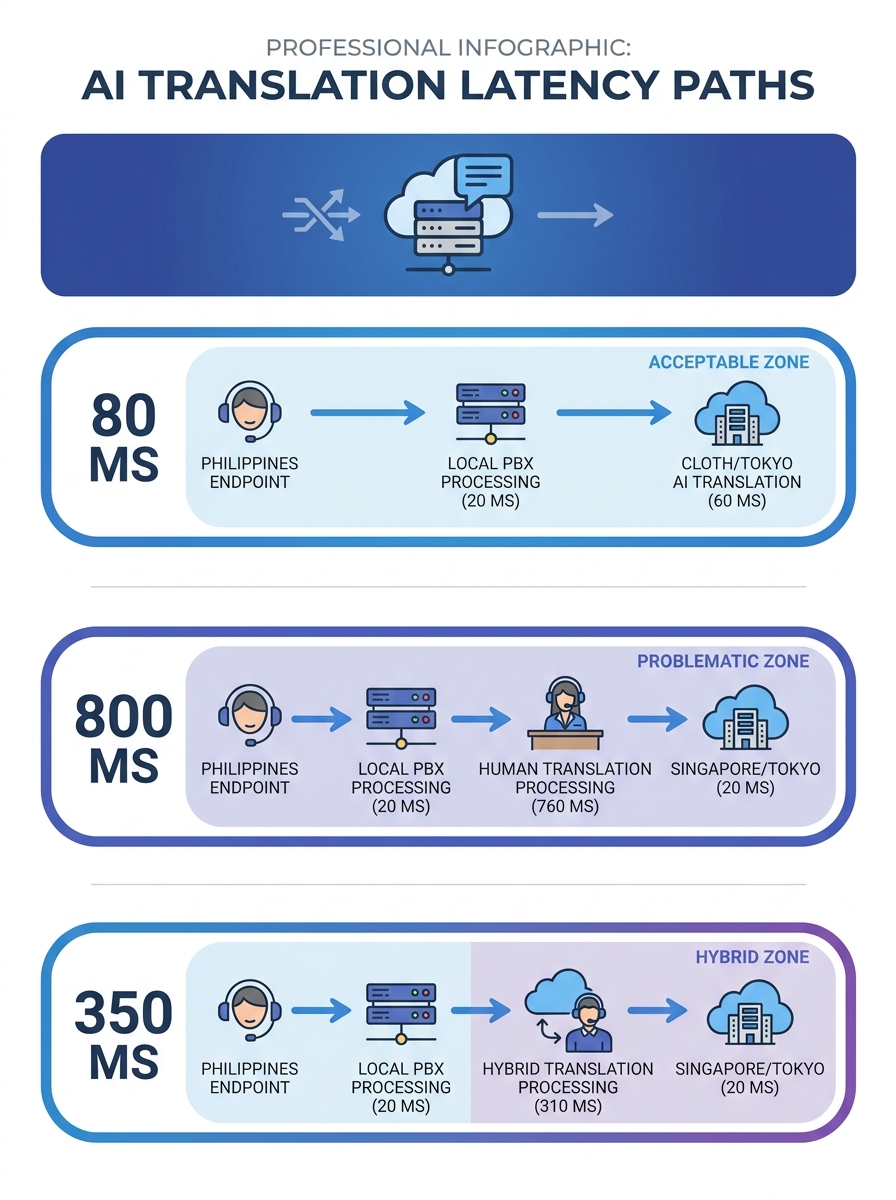 Infographic comparing latency paths for three AI translation approaches in VoIP systems, showing typical millisecond delays at each network hop from Philippine endpoints through local PBX processing t