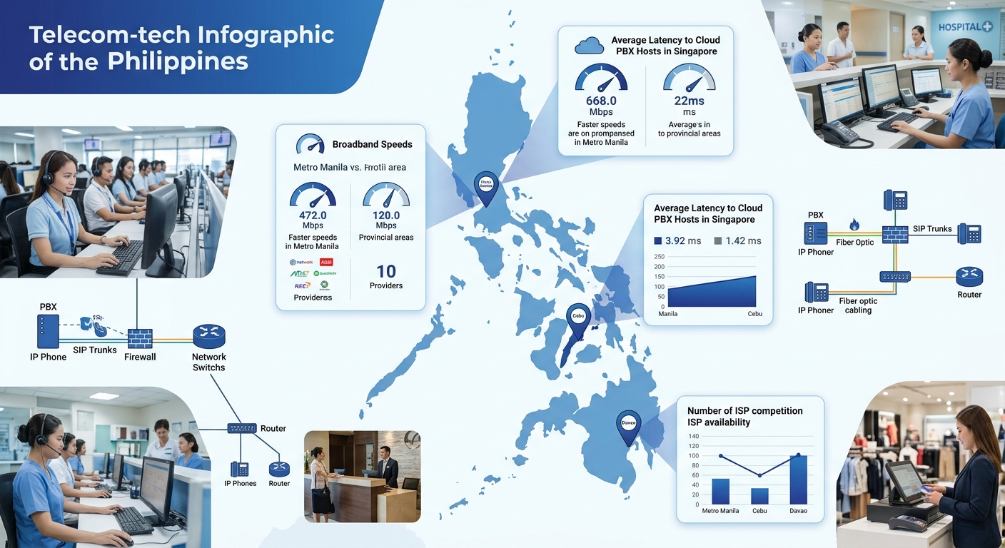 A map of the Philippines highlighting Metro Manila, Cebu, and Davao with overlay icons showing typical broadband speeds, average latency to cloud PBX hosts in Singapore, and number of ISP providers av