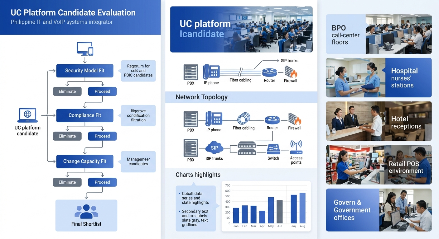 Flowchart showing a UC platform candidate entering three sequential filter stages — security model fit, compliance fit, change capacity fit — with "eliminate" and "proceed" branches at each stage, end