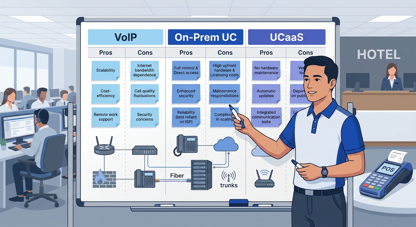 A Philippine enterprise IT manager at a whiteboard comparing three columns labeled VoIP, On-Prem UC, and UCaaS, with sticky notes showing pros and cons under each, in a modern Manila office setting