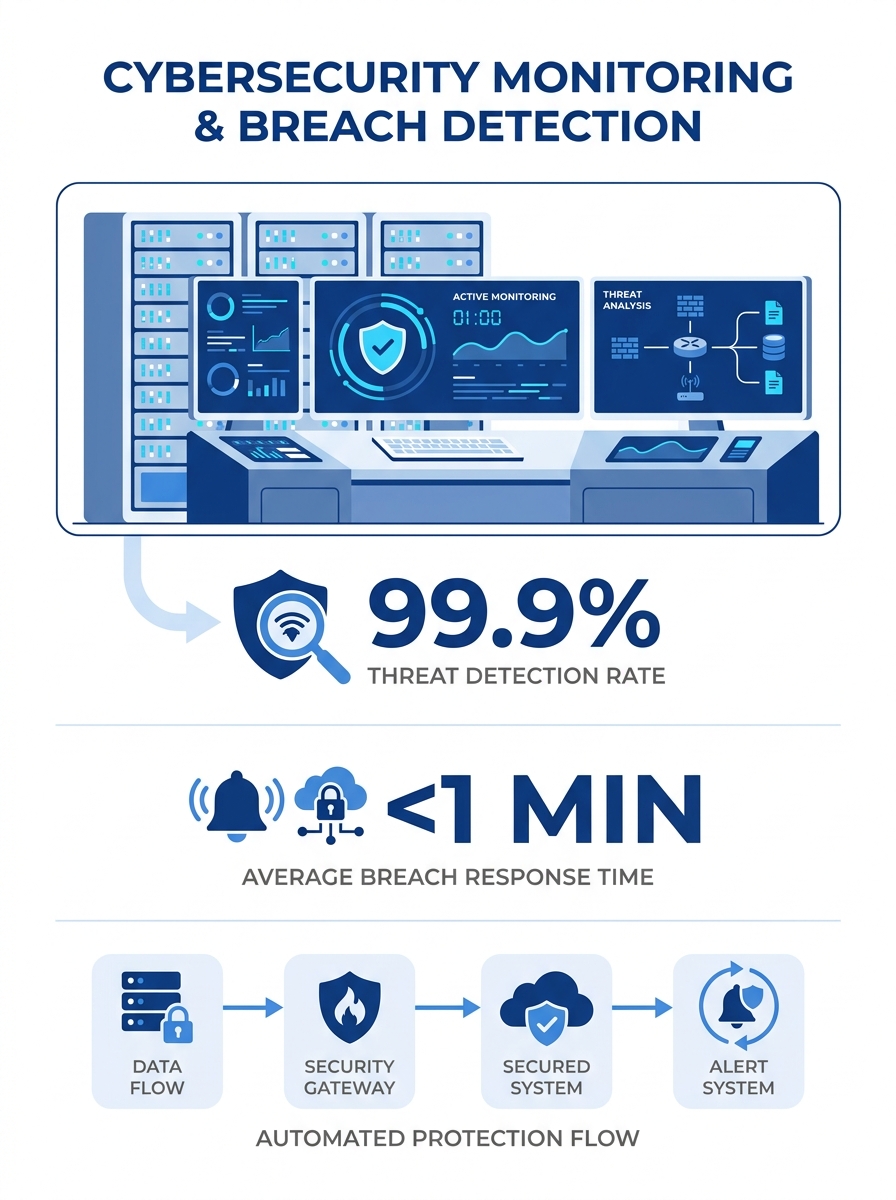 Server room with cybersecurity monitoring displays showing breach detection systems