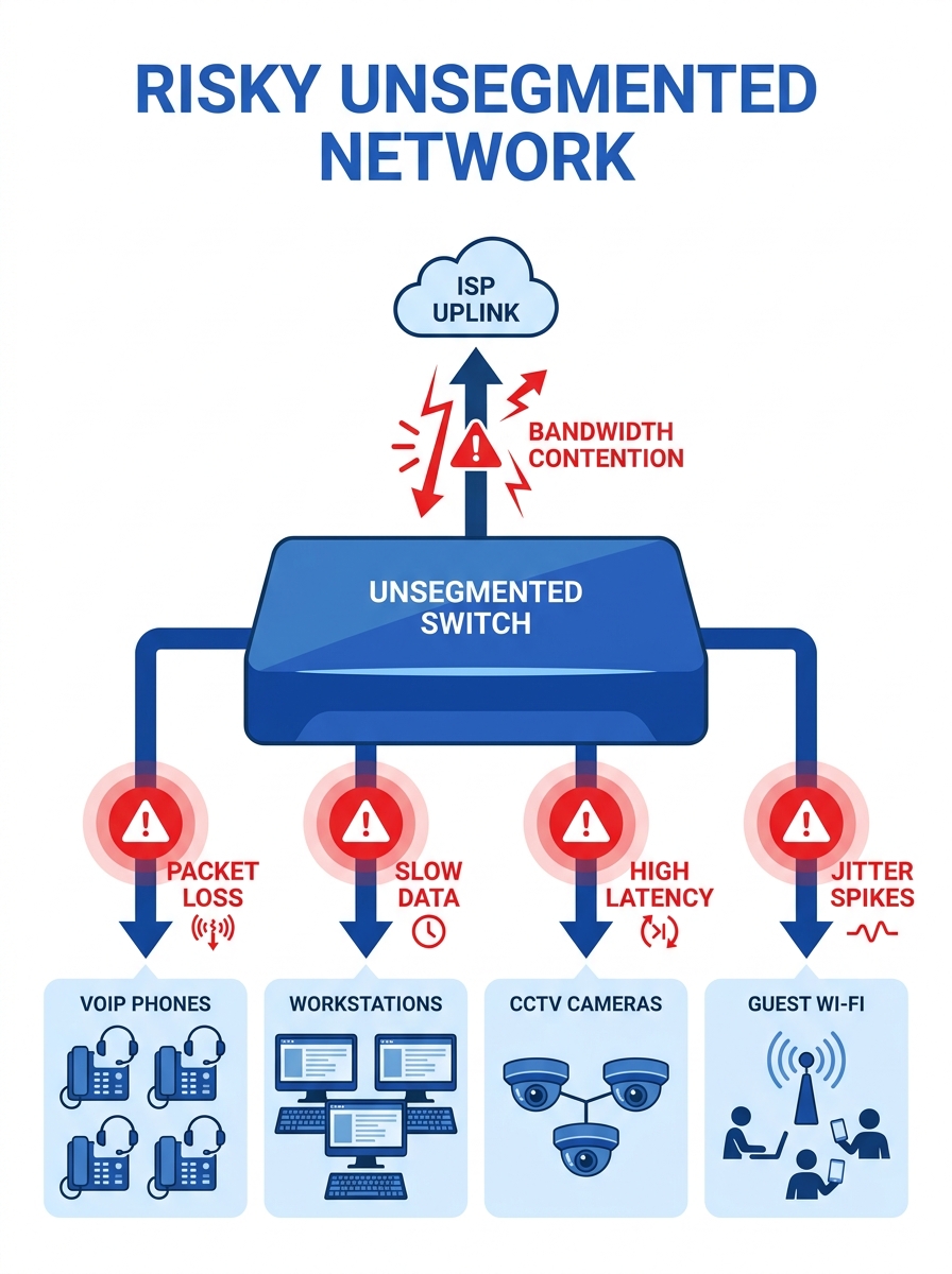 Diagram showing a government office network where VoIP phones, workstations, CCTV, and guest Wi-Fi all share a single unsegmented switch connected to one ISP uplink, with red warning indicators showin