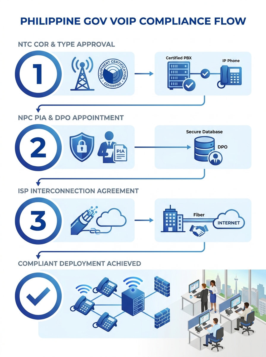 An infographic showing the VoIP deployment compliance flow for Philippine government agencies, with steps including NTC COR application, NPC Privacy Impact Assessment, Data Protection Officer appointm