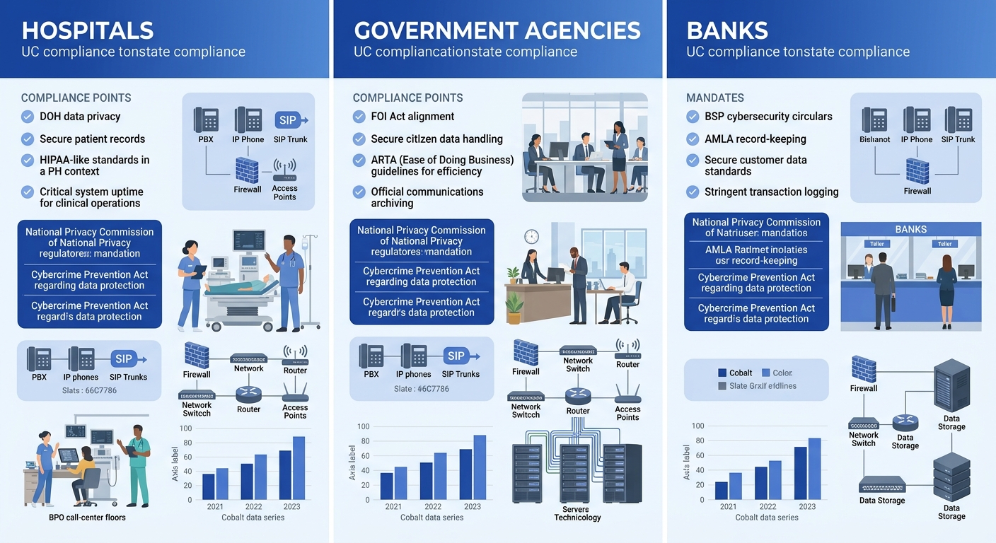 Infographic comparing three Philippine organization types — hospital, government agency, bank — each with a column listing their specific UC compliance requirements, overlapping mandates highlighted i