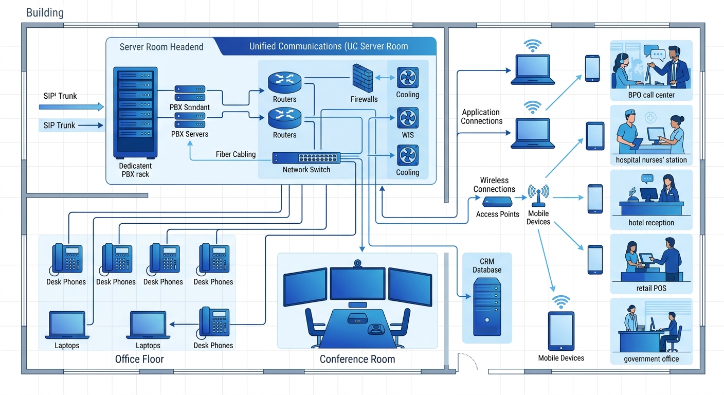 A network diagram showing an on-premise UC server room setup in a Philippine enterprise, with connections flowing to desk phones, laptops, conference room displays, mobile devices, and a CRM database,
