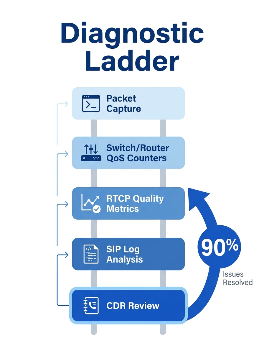 Infographic showing a vertical ladder diagram with five diagnostic rungs — from bottom to top: CDR review, SIP log analysis, RTCP quality metrics, switch/router QoS counters, and packet capture at the