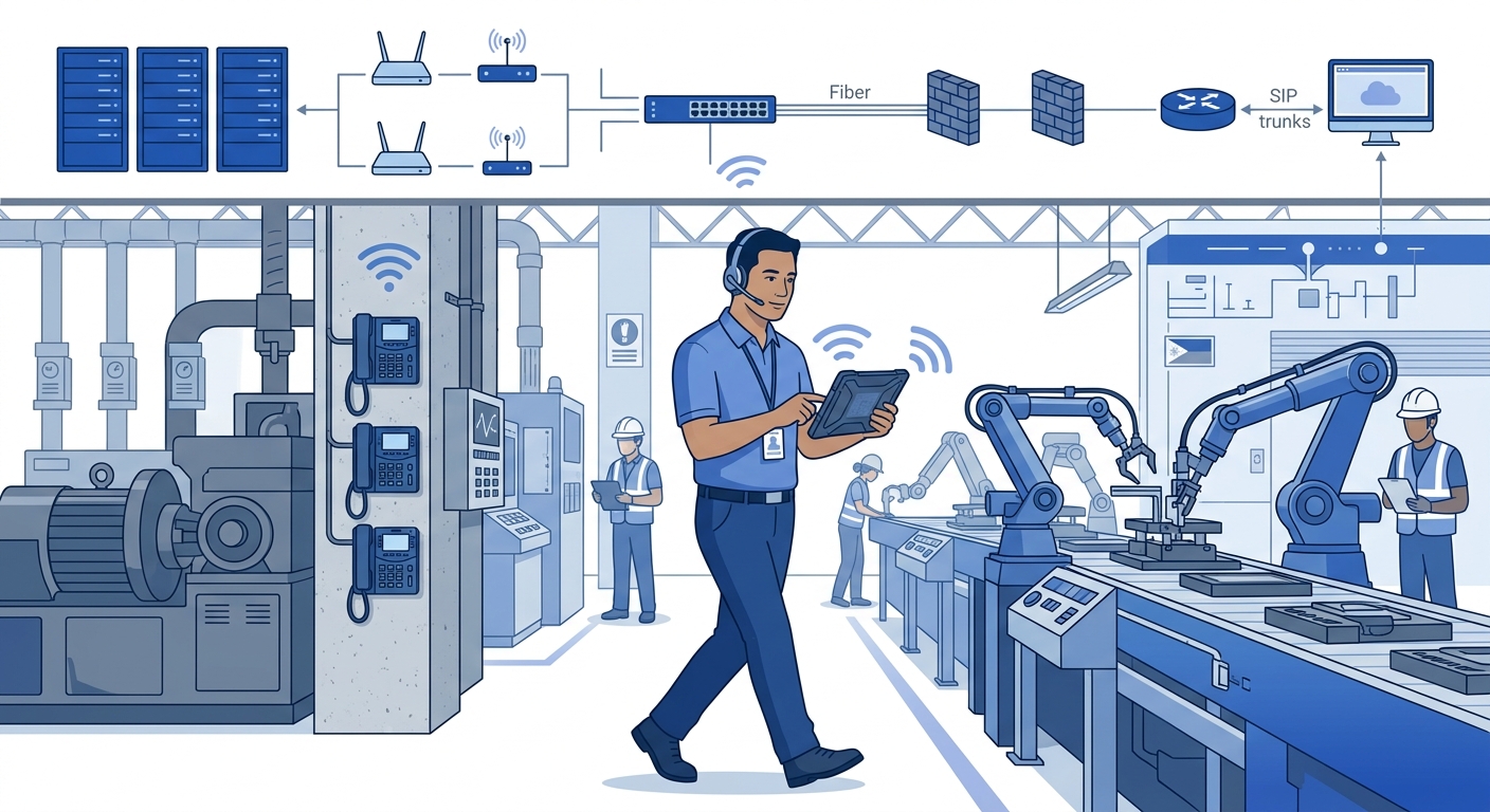 A factory supervisor wearing a wireless headset while walking along a production line, with wall-mounted industrial IP phones visible in the background near heavy machinery