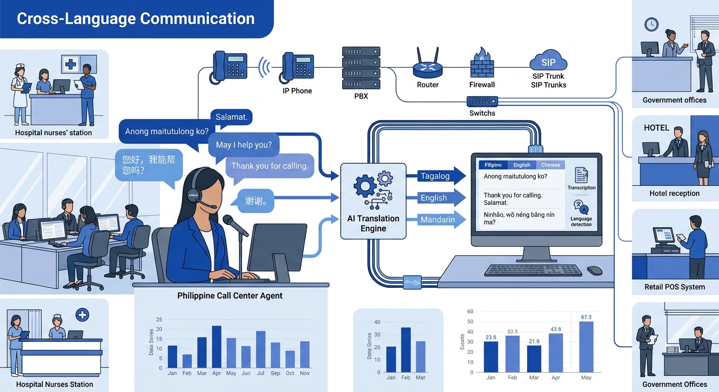 Diagram showing a Philippine call center agent wearing a Jabra headset with overlapping speech bubbles in Tagalog, English, and Mandarin Chinese, flowing through an AI translation engine box that colo
