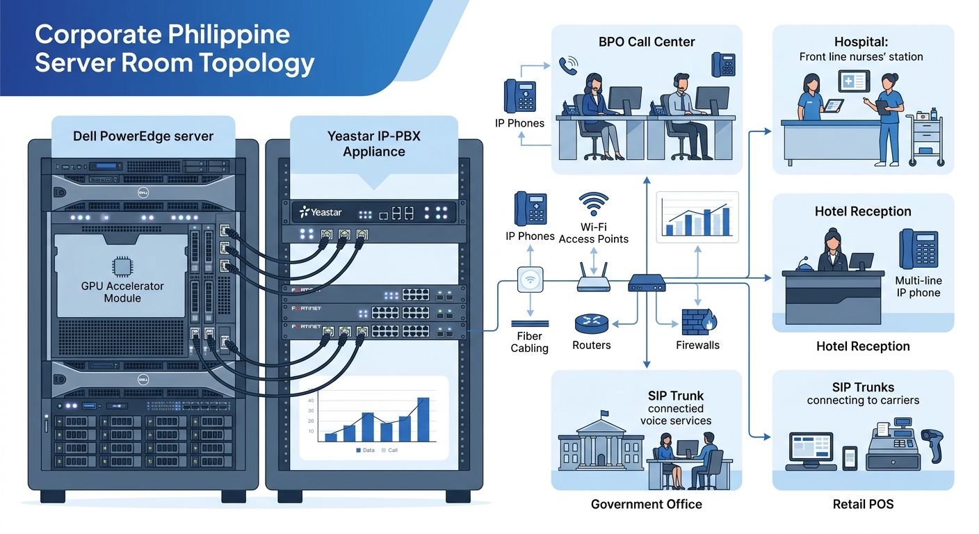 Server room setup showing a Dell PowerEdge rackmount server with GPU accelerator next to a Yeastar IP-PBX appliance in a Philippine data center, Ethernet cables connecting both to a Fortinet network s