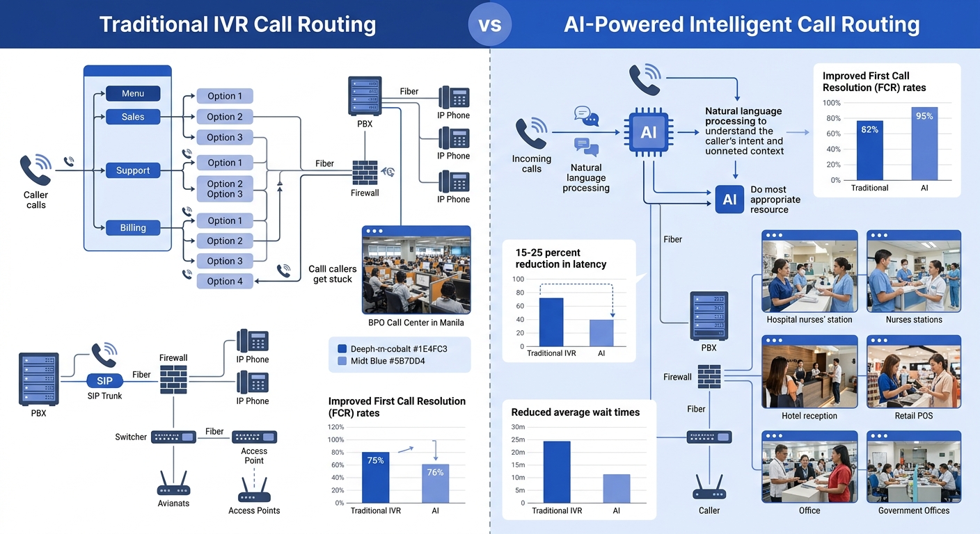 An infographic comparing traditional IVR call routing versus AI-powered intelligent call routing side by side, with data points showing 15-25 percent latency reduction, improved first call resolution 