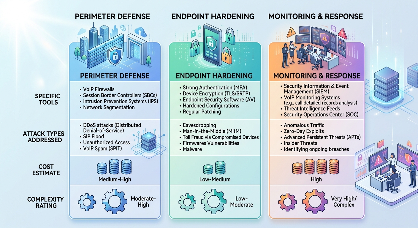 Infographic comparing three VoIP defense strategies side by side — perimeter defense, endpoint hardening, and monitoring/response — showing specific tools used, attack types each addresses, estimated 