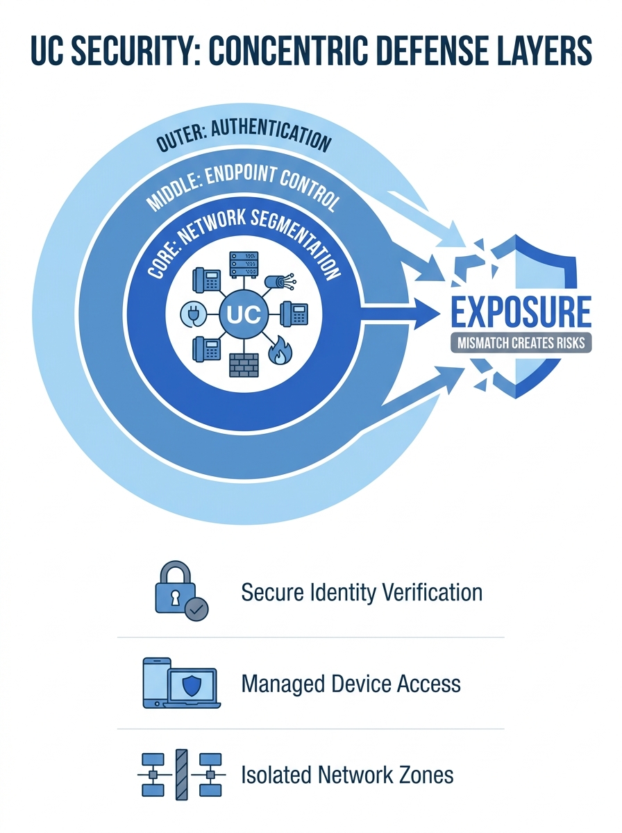 Diagram showing three concentric security layers around a UC platform — authentication at the outer ring, endpoint control in the middle, network segmentation at the core — with arrows indicating how 