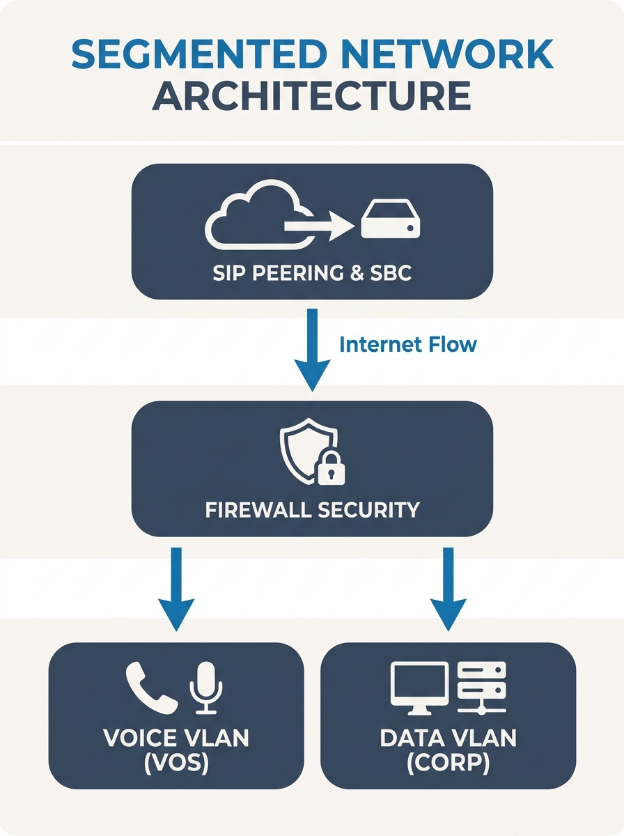 Diagram showing a segmented network architecture with separate VLANs for voice and data traffic, a firewall between them, and an SBC at the internet edge connecting to a SIP trunk provider