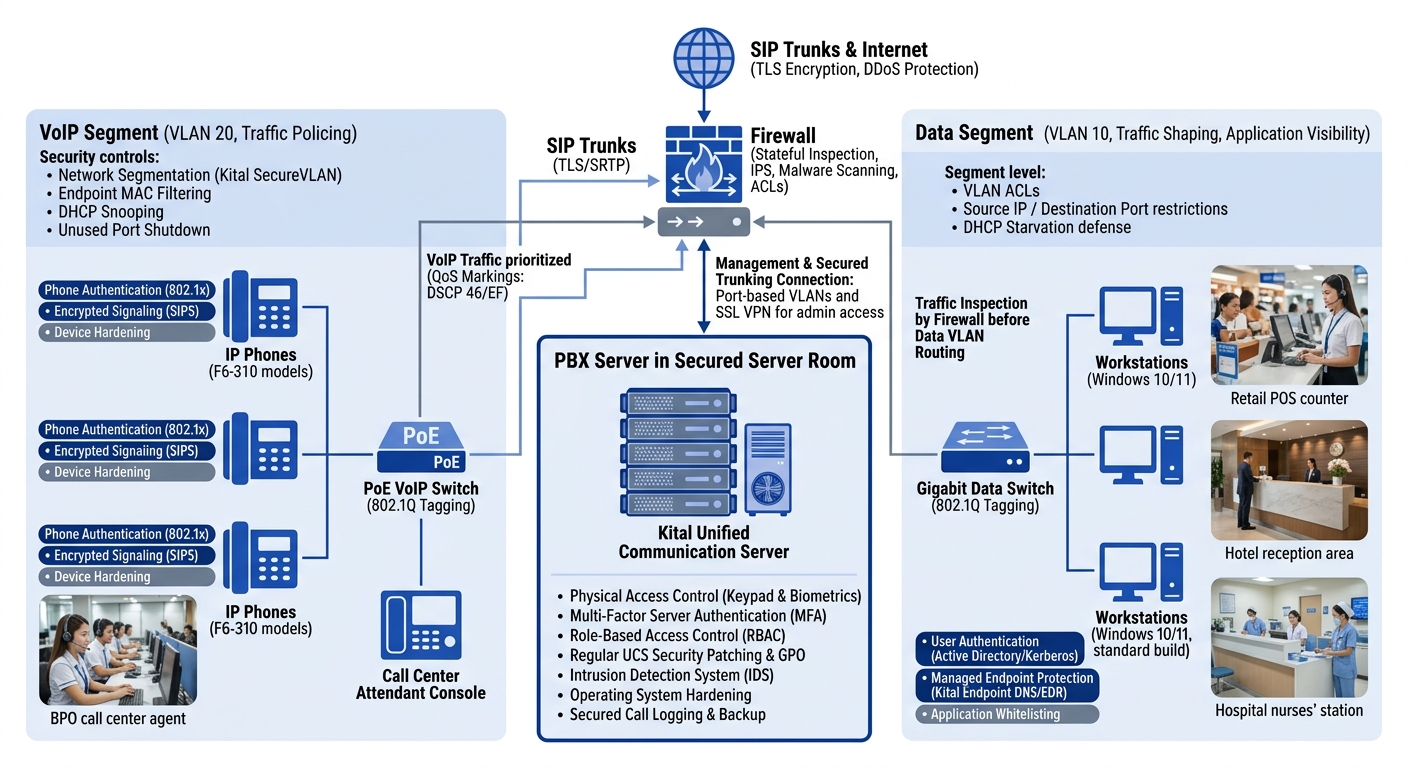 A diagram showing a segmented government network with separate VoIP VLAN and data VLAN, a firewall between them, IP phones on one segment, workstations on another, and a PBX server in a secured server