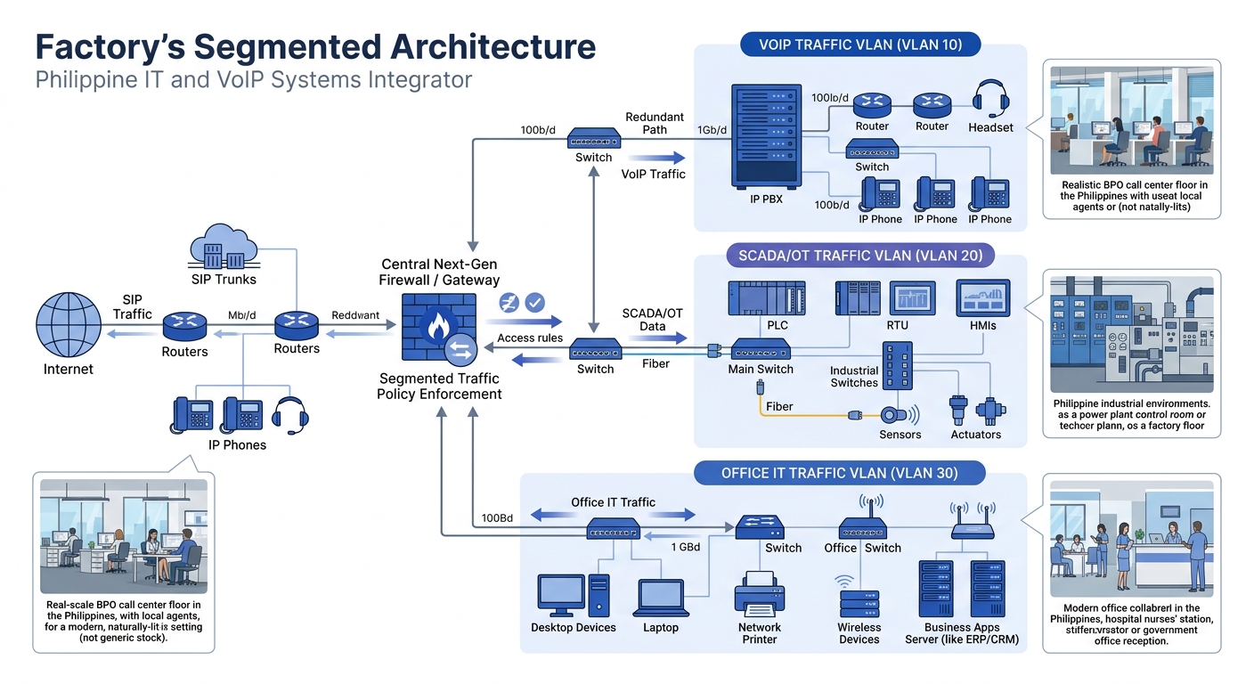 Network diagram showing a factory's segmented architecture with separate VLANs for VoIP, SCADA/OT, and office IT traffic, connected through a central firewall with labeled traffic flows