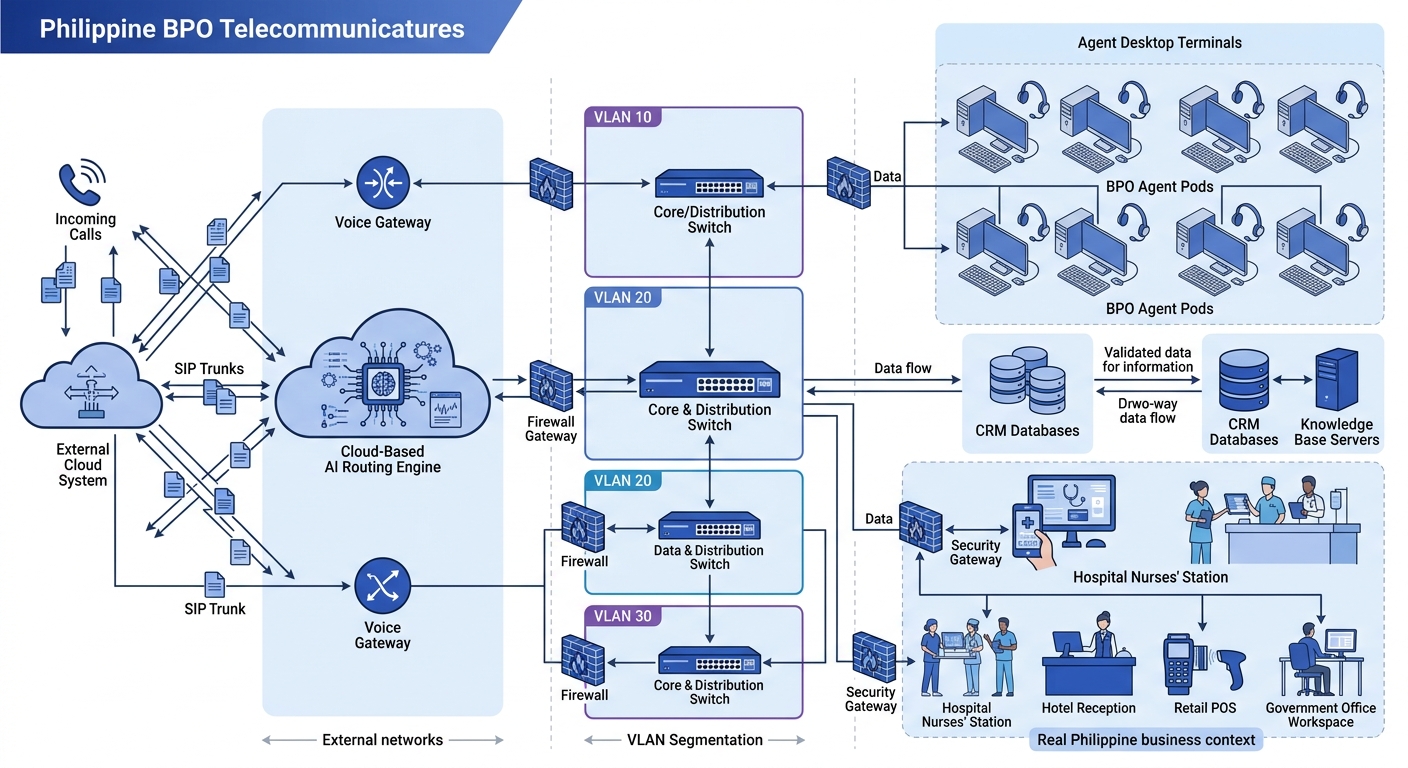 A network architecture diagram of a Philippine BPO setup showing SIP trunks connecting to a cloud-based AI routing engine, with labeled connections to CRM databases, agent desktop terminals with heads