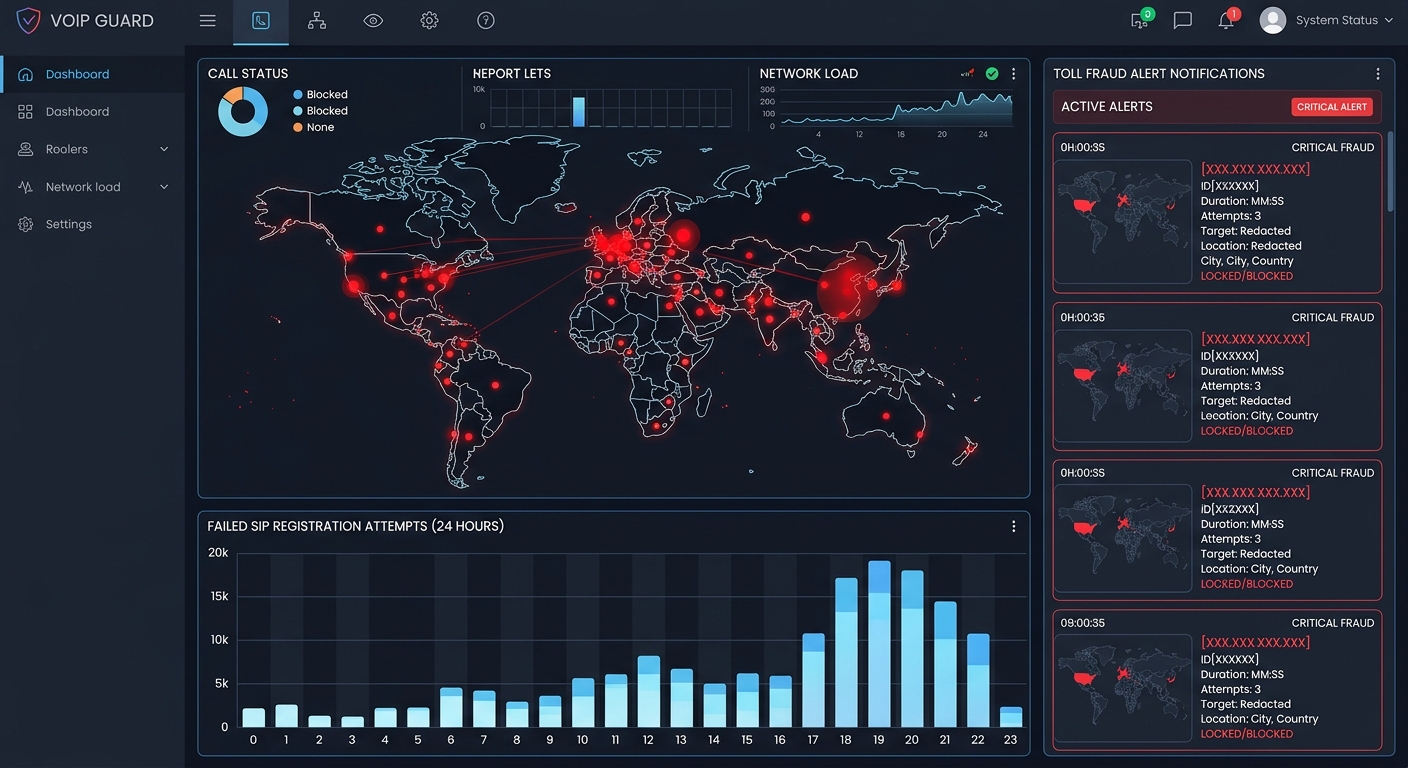 Screenshot-style illustration of a VoIP security monitoring dashboard showing a world map with blocked IP addresses highlighted in red, a bar chart of failed SIP registration attempts over 24 hours, a