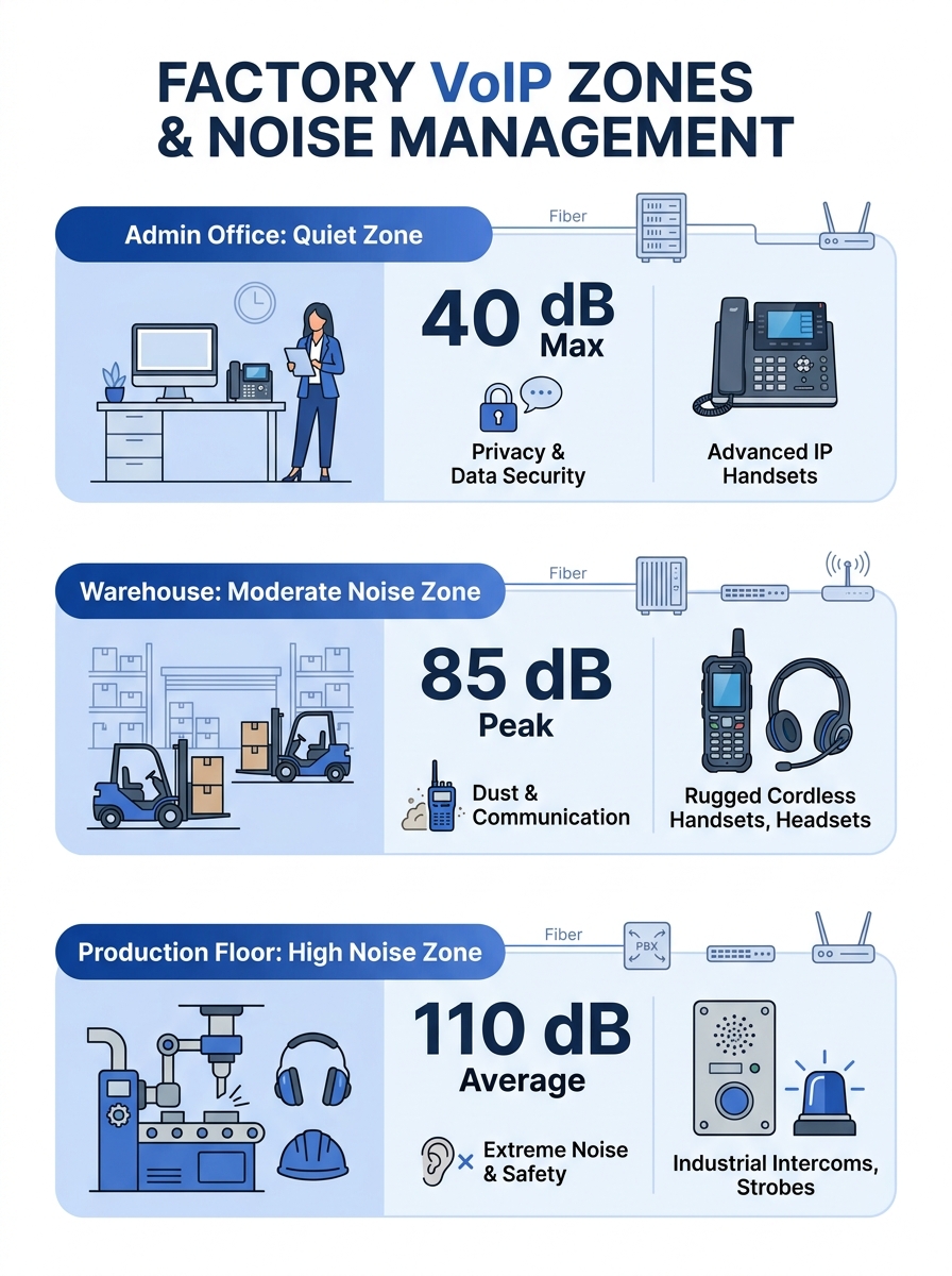 Infographic showing three factory zones (admin office, warehouse, production floor) with corresponding noise levels in decibels, environmental challenges, and recommended VoIP endpoint types for each 
