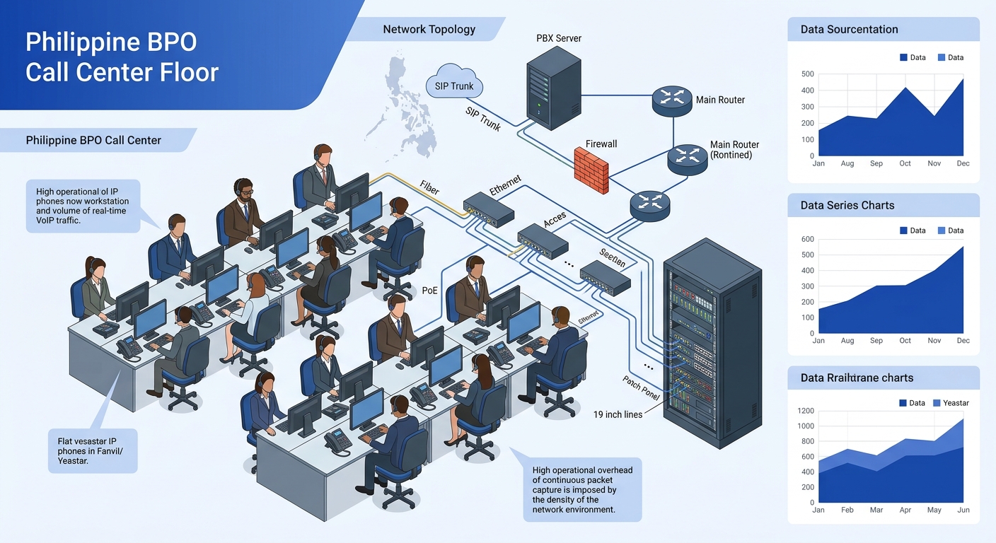 A Philippine BPO call center floor with rows of agents at workstations, each with a Fanvil or Yeastar IP phone, connected via PoE to access switches mounted in a nearby rack — illustrating the dense n