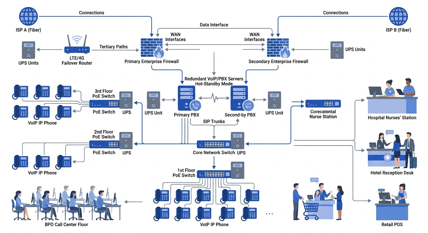 A network topology diagram showing a government office with dual WAN links from different ISPs, an LTE failover connection, redundant PBX servers in hot-standby mode, UPS units on each network compone