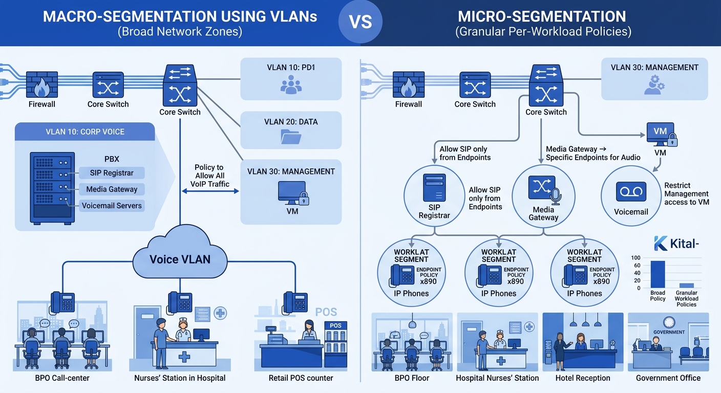 Infographic comparing macro-segmentation using VLANs (showing broad network zones) versus micro-segmentation (showing granular per-workload policies), with specific UC components like SIP registrar, m