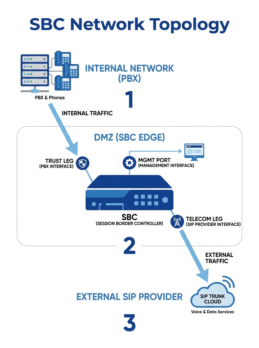 Network diagram showing SBC placement in a DMZ between an internal PBX and an external SIP trunk provider, with separate interfaces labeled telecom leg and trust leg, plus a management port