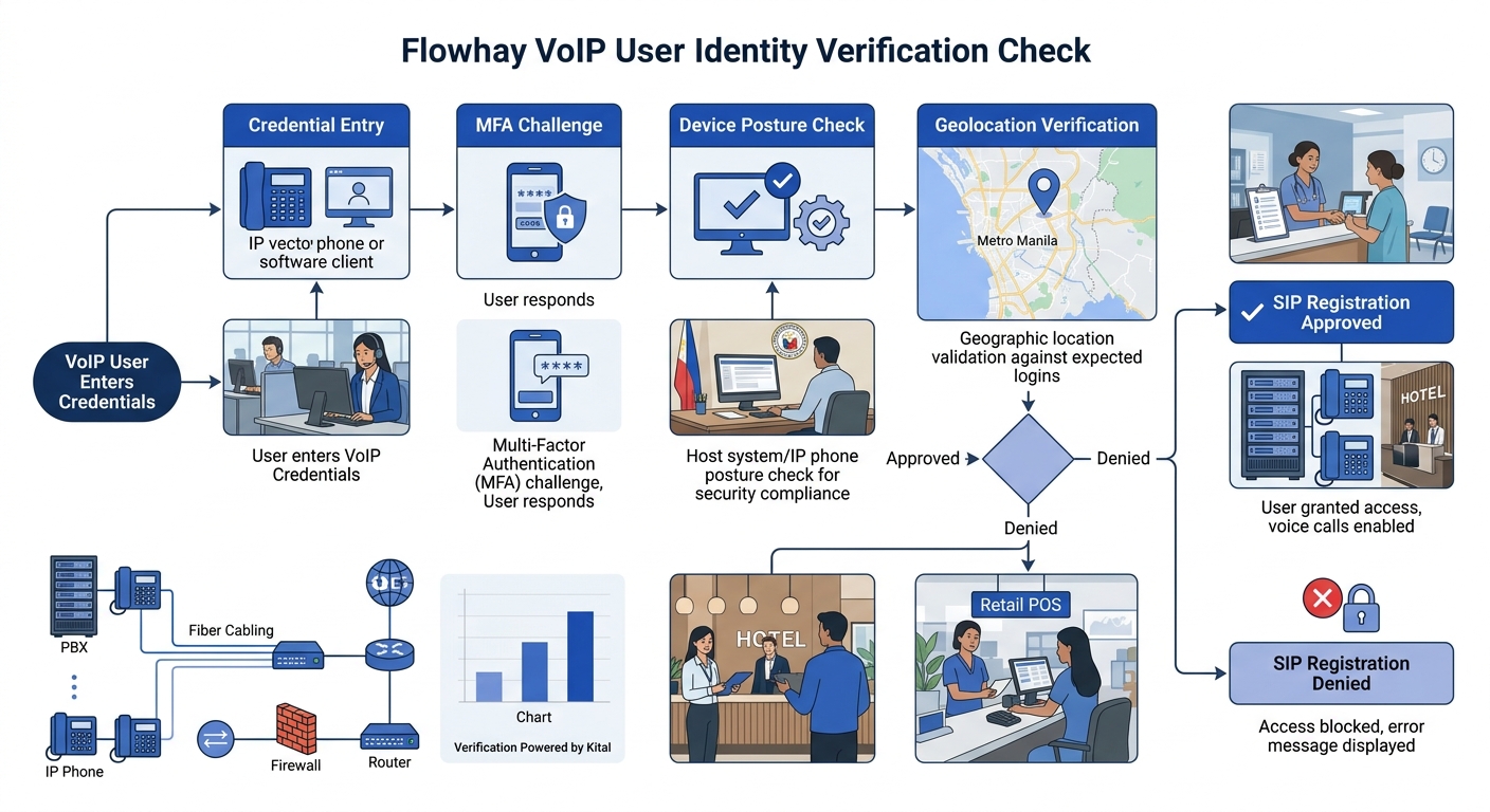 a flowchart showing the identity verification process for a VoIP user, starting from credential entry through MFA challenge, device posture check, geolocation verification, and finally SIP registratio