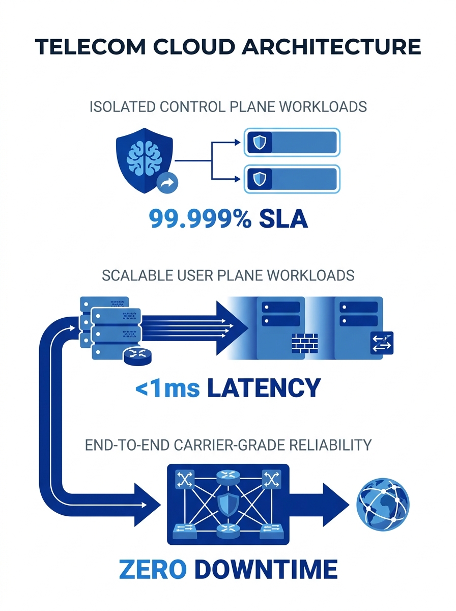 Telecom cloud architecture diagram showing isolated control plane and user plane workloads with carrier-grade SLA requirements