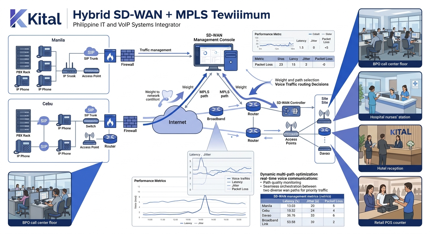 Network architecture diagram showing a hybrid SD-WAN and MPLS setup where an SD-WAN controller manages traffic across both MPLS and broadband paths simultaneously, with arrows indicating voice traffic