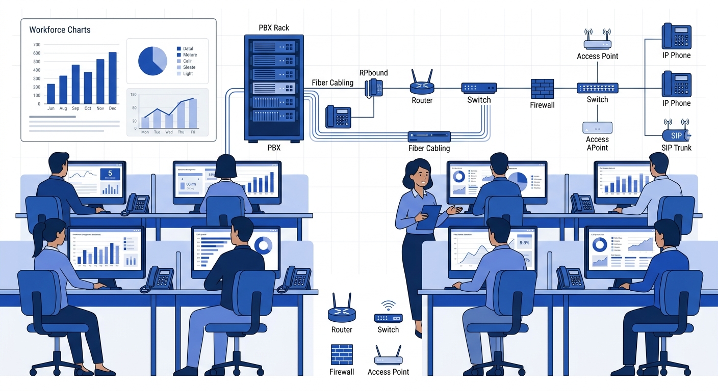 a Philippine BPO operations floor showing multiple workstations with monitors displaying real-time workforce management dashboards and call queue metrics