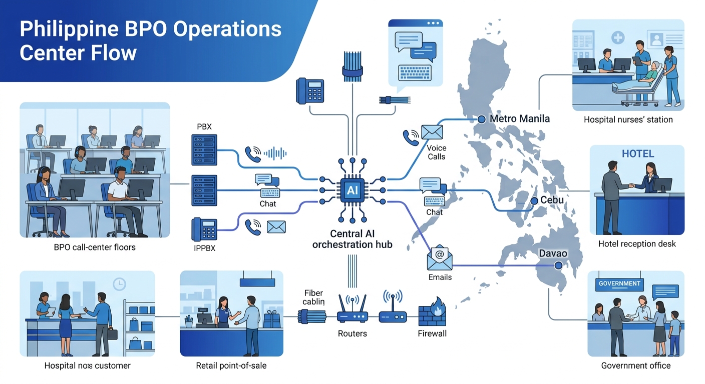 a visualization of a Philippine BPO operations center showing multiple communication channels including voice calls, chat windows, and email flowing through a central AI orchestration hub, with connec