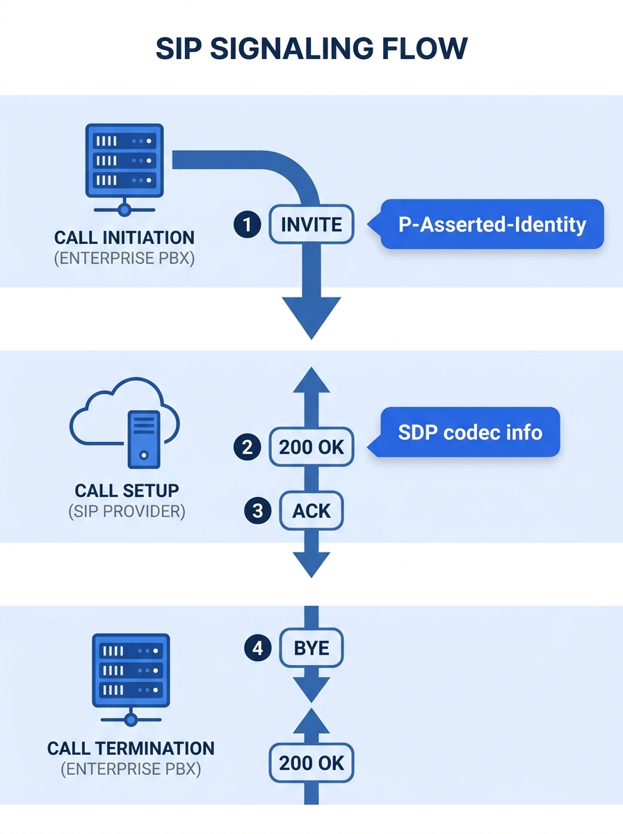 diagram showing SIP signaling flow between a Philippine enterprise PBX and a SIP trunk provider, with labeled SIP headers like INVITE, 200 OK, ACK, BYE, and highlighted metadata fields such as P-Asser