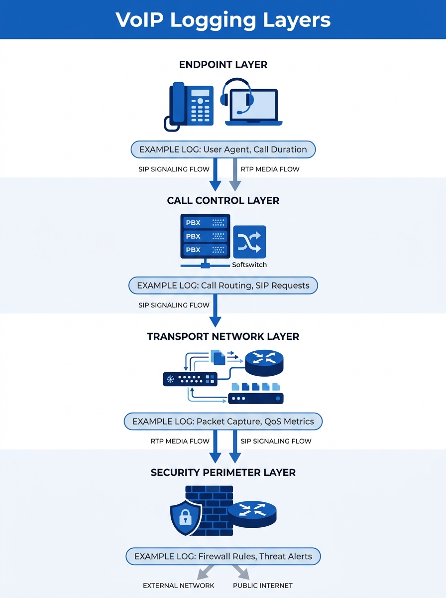 Infographic showing the four layers of VoIP logging—endpoint, call control, transport network, and security perimeter—with icons for each device type and directional arrows showing how SIP signaling a