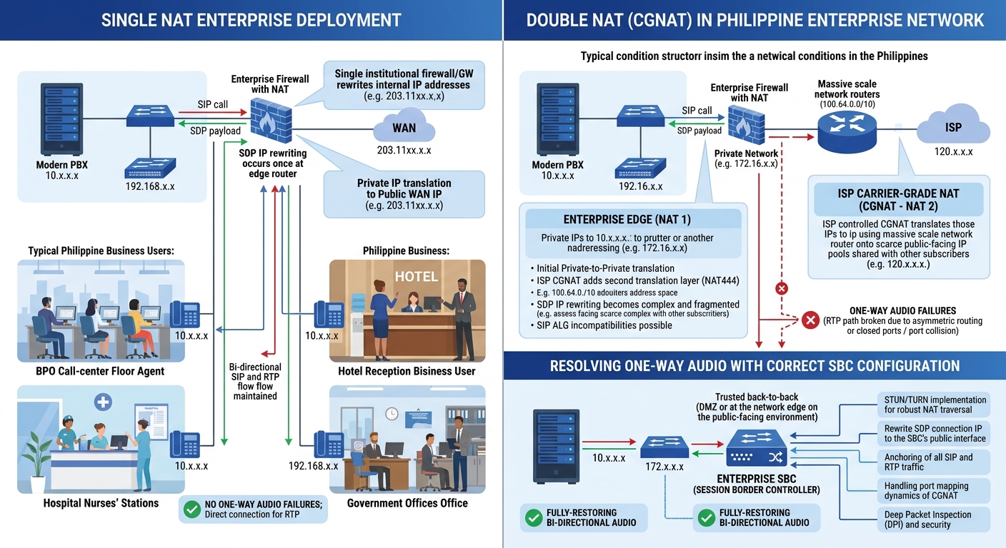 Infographic comparing single NAT vs double NAT (CGNAT) in a Philippine enterprise network, showing how SDP IP addresses get rewritten at each NAT layer, with indicators showing where one-way audio fai