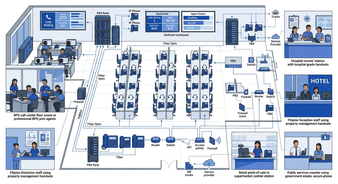 A modern banking contact center floor layout with VoIP desk phones, headsets, and wall-mounted dashboards showing real-time queue metrics and agent status indicators