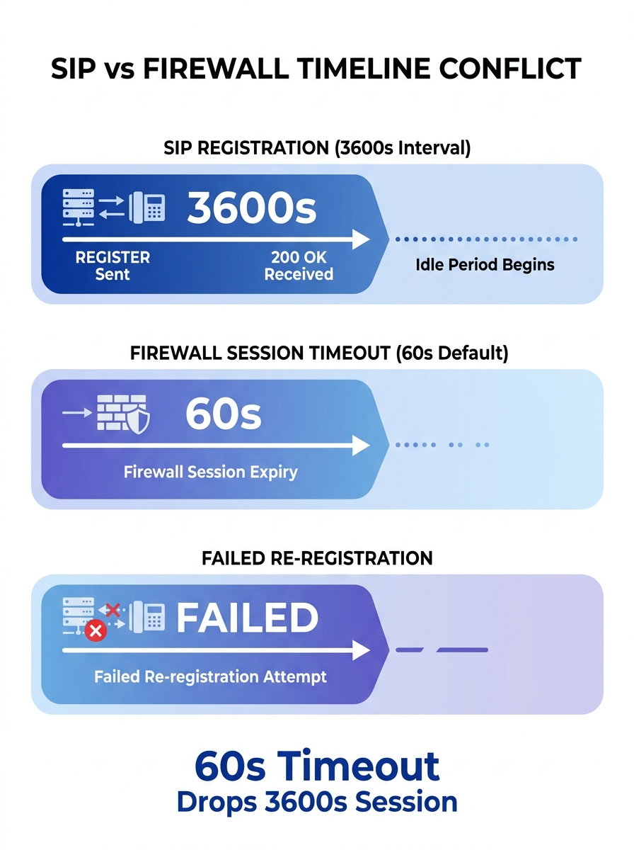 Infographic showing a timeline comparison of SIP registration cycles versus firewall UDP session timeouts, illustrating how a 60-second default firewall timeout causes session drops during the idle pe
