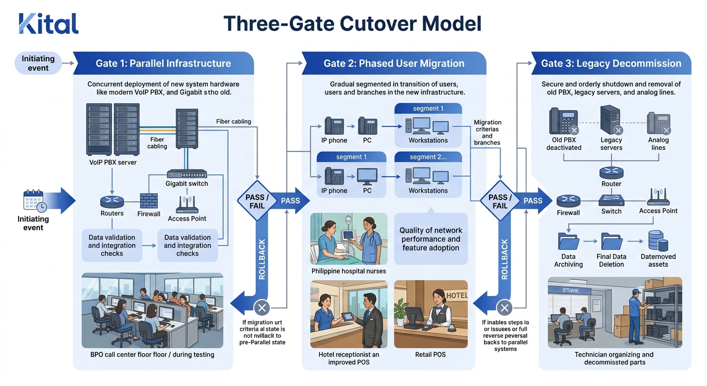 flowchart diagram of the Three-Gate Cutover Model showing Gate 1 Parallel Infrastructure, Gate 2 Phased User Migration, and Gate 3 Legacy Decommission, with pass/fail decision checkpoints and rollback