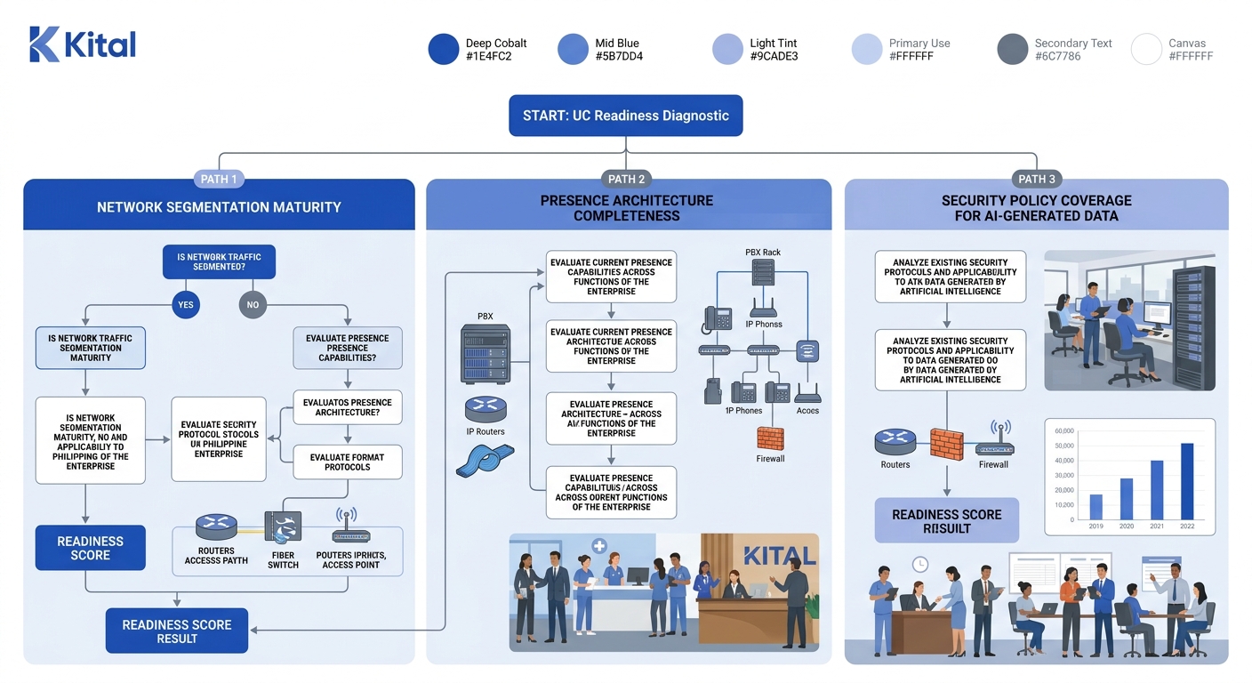 a diagnostic flowchart with three assessment paths for Philippine enterprises evaluating UC readiness, showing Path 1 checking network segmentation maturity with yes and no branches, Path 2 assessing 