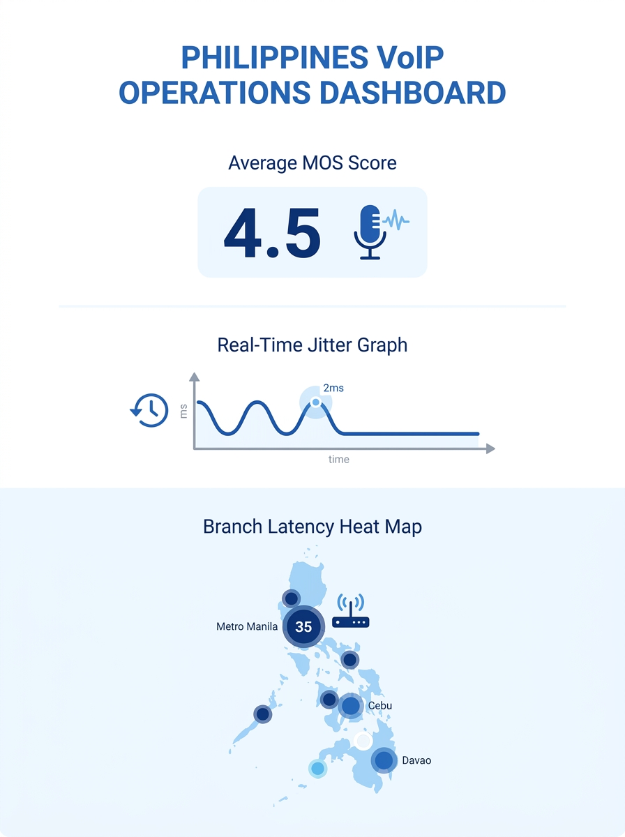 a network operations center dashboard displaying real-time VoIP metrics including MOS scores, jitter graphs, and latency heat maps across multiple branch office connections in the Philippines