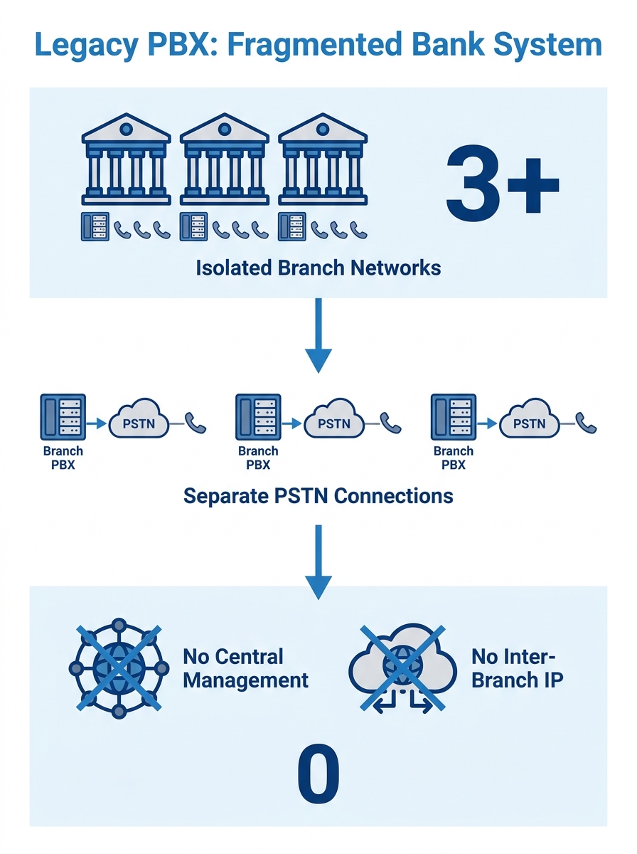 Diagram showing a fragmented legacy PBX setup across multiple bank branches, each with separate trunk lines connecting to the PSTN, with no centralized management or inter-branch IP connectivity