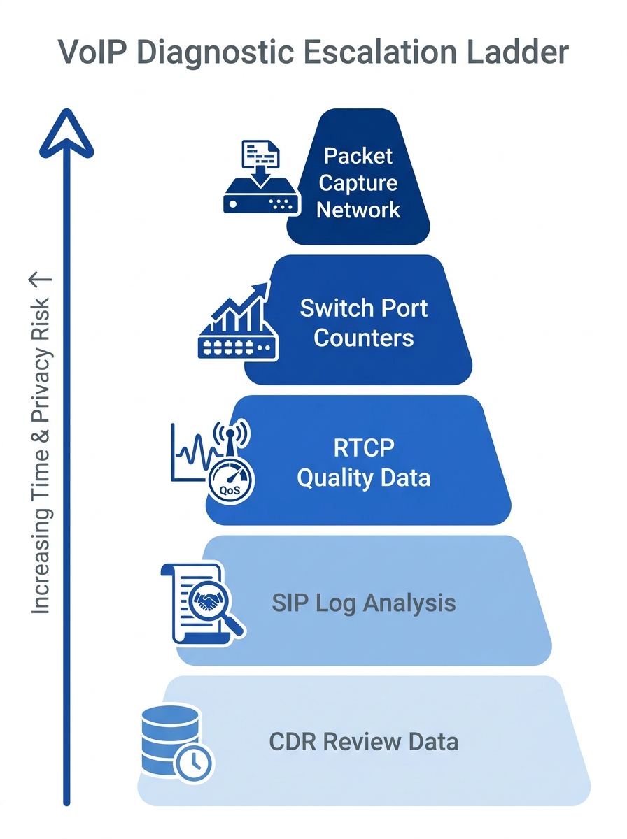 infographic showing the VoIP diagnostic escalation ladder with five tiers — CDR review, SIP log analysis, RTCP quality data, switch port counters, and packet capture — arranged as a pyramid with time