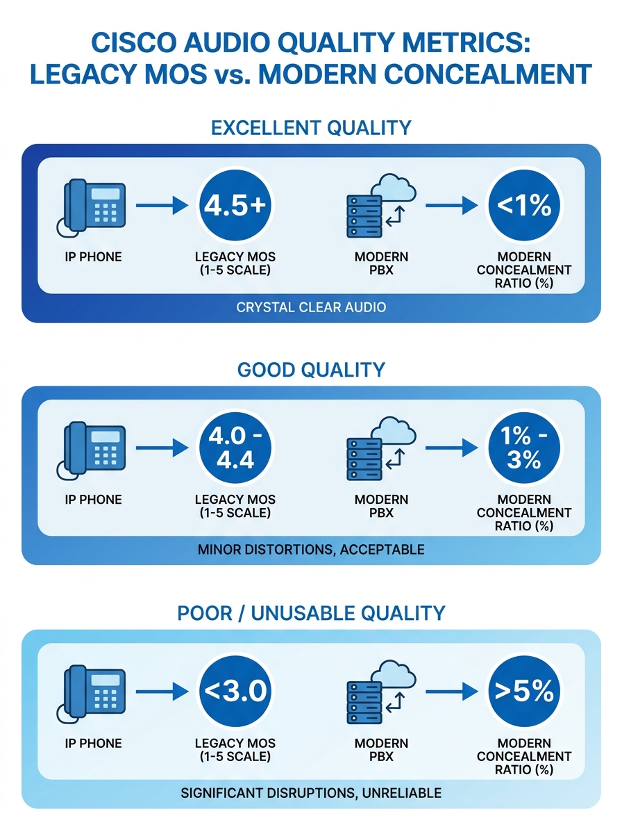 Diagram comparing MOS scoring scale (1-5) for legacy Cisco phones versus Concealment Ratio percentage scale for modern Cisco phones, showing how each metric maps to perceived audio quality levels from