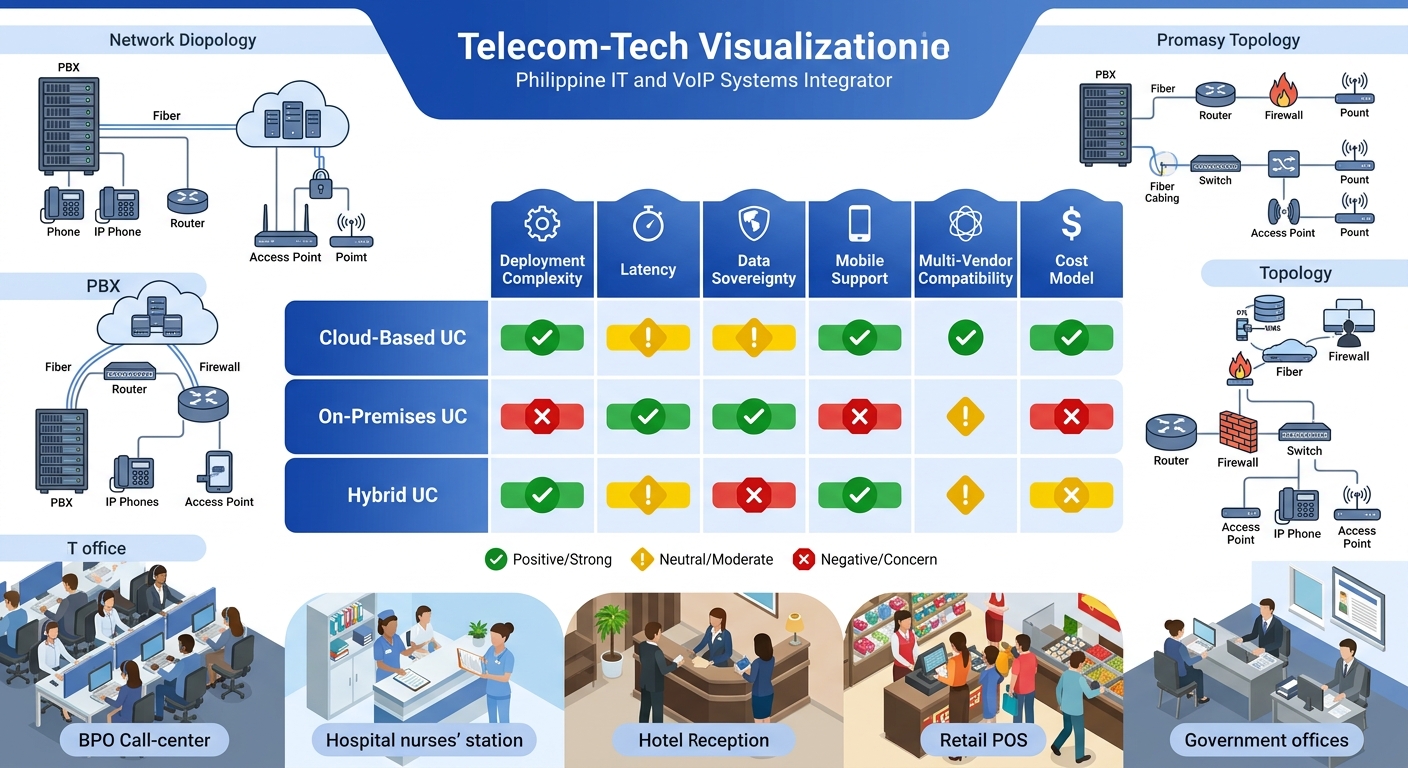 A comparison table visualization showing the three UC presence architectures rated across six dimensions — deployment complexity, latency, data sovereignty, mobile support, multi-vendor compatibility,