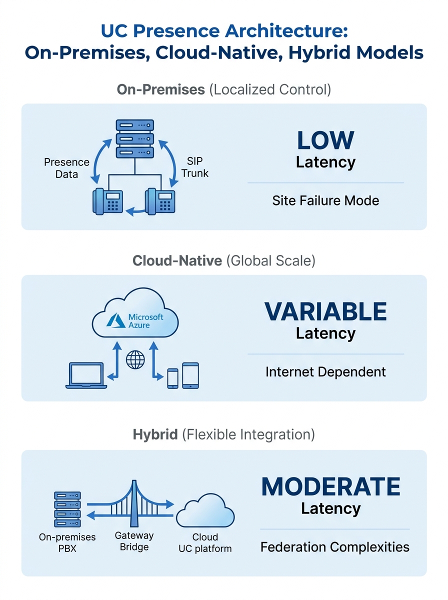 Infographic showing three UC presence architecture models side by side — on-premises (Cisco CUCM cluster with SIP signaling), cloud-native (Microsoft Teams via Azure), and hybrid (federated connection