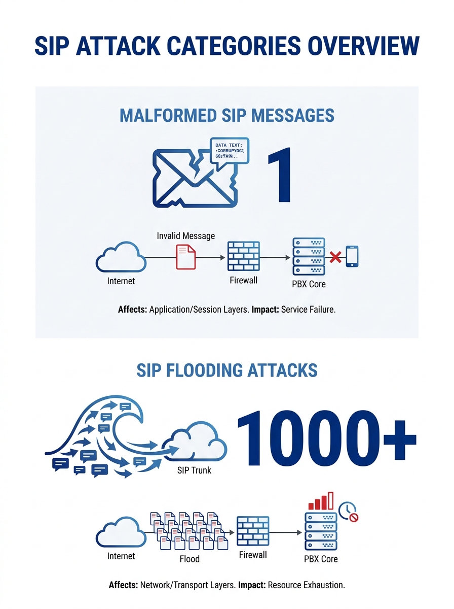 infographic showing the two main SIP attack categories — malformed SIP messages on one side and SIP flooding attacks on the other, with specific examples of each attack type, affected layers, and impa