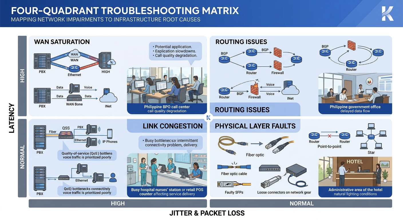 Infographic showing a four-quadrant troubleshooting matrix mapping combinations of high/normal latency, jitter, and packet loss to specific infrastructure root causes including routing issues, link co