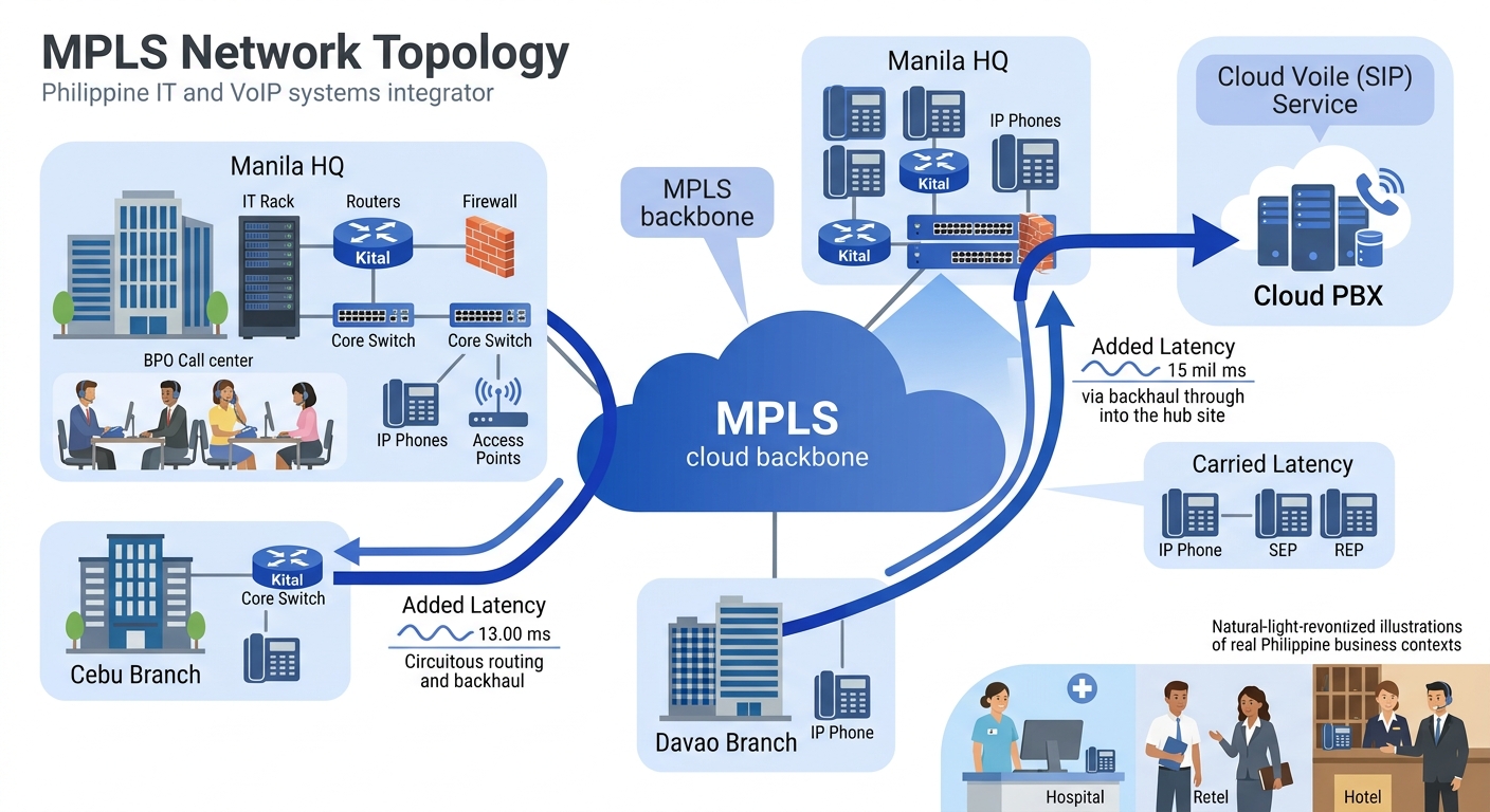 Diagram showing an MPLS network topology connecting a Manila headquarters to branch offices in Cebu and Davao, with a single carrier-managed path highlighted and a cloud PBX connected via backhaul thr
