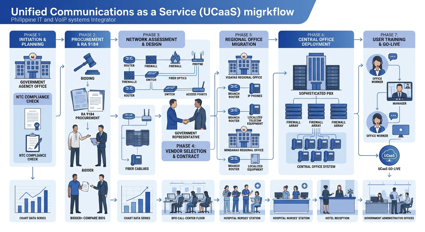 diagram showing a Philippine government agency's UCaaS migration workflow — from NTC compliance check through procurement under RA 9184 to phased deployment across central and regional offices